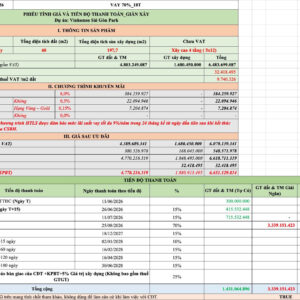 Báo giá nhà 60m2 Vinhomes Sai Gon Park mã căn AS68-27 theo phương án thanh toán vay ngân hàng trong 18 tháng