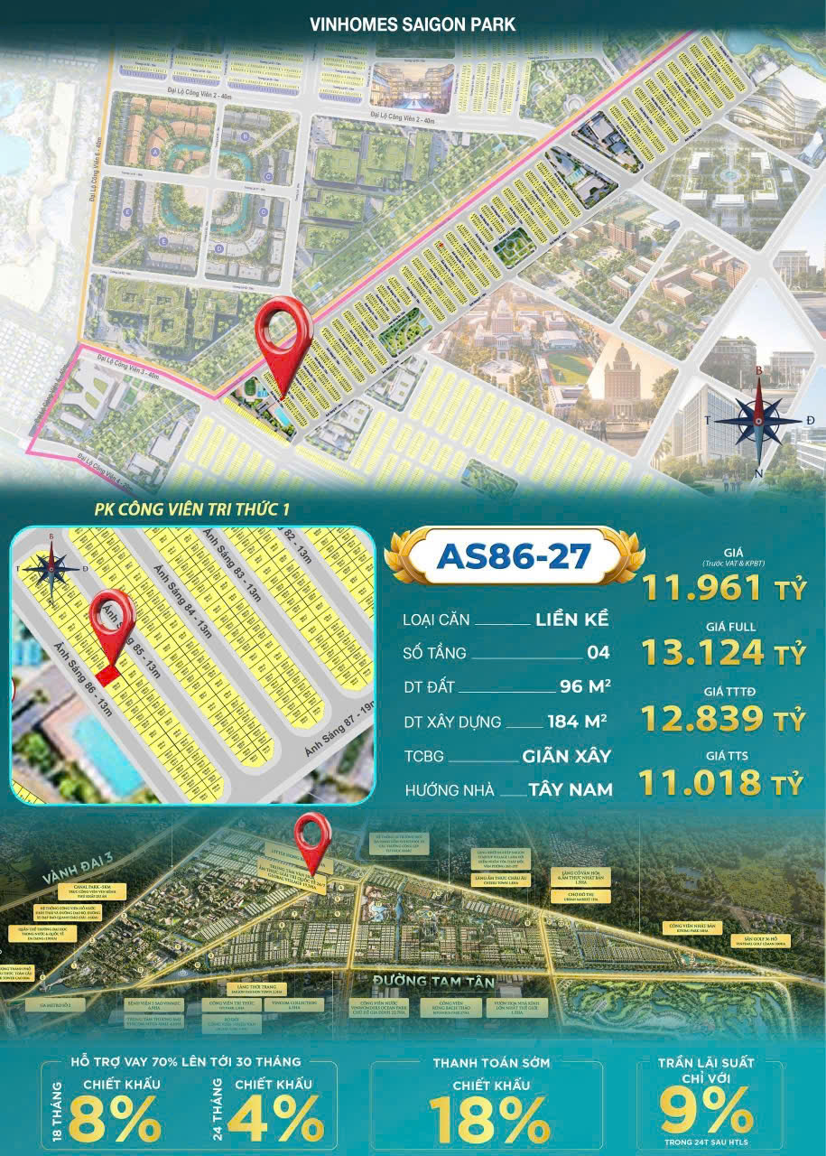 Giá bán nhà phố xẻ khe Vinhomes Sai Gon Park 96m2