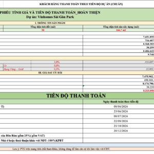 Phương án thanh toán chuẩn căn TL35-45 Vinhomes Sai Gon Park mẫu hoàn thiện nội thất