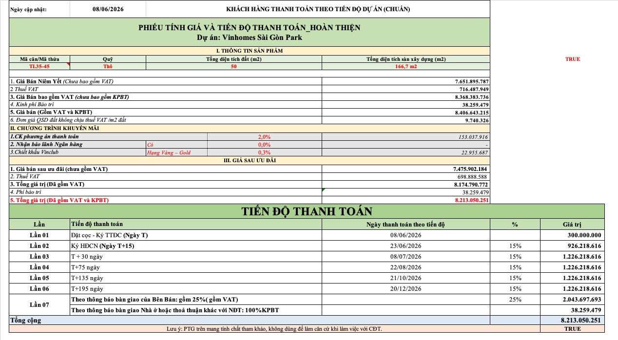 Phương án thanh toán chuẩn căn TL35-45 Vinhomes Sai Gon Park mẫu hoàn thiện nội thất