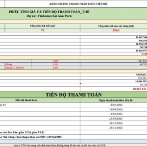 Giá bán Vinhomes Sai Gon Park nhà phố 70m2 theo phương án thanh toán theo tiến độ xây dựng